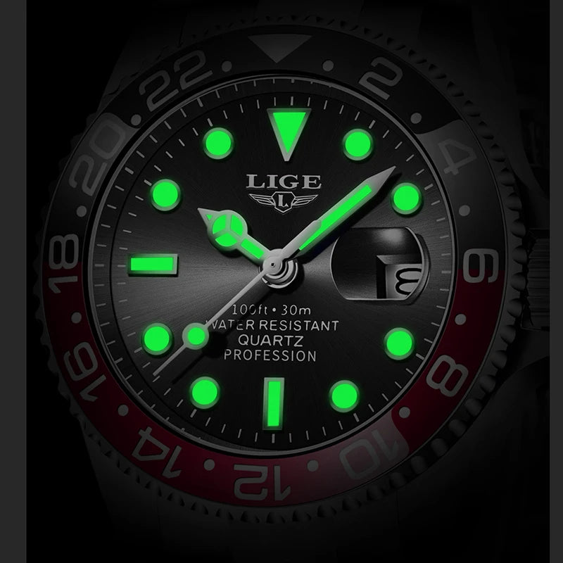 Cronógrafo Masculino LIGE | Aço Inoxidável · Mostrador Luminoso · Resistente à Água